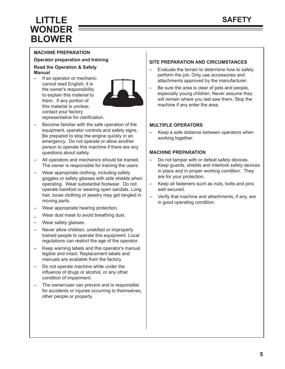 Little wonder blower, Safety | Little Wonder OPTIMAX 91270-03-01 User Manual | Page 5 / 16