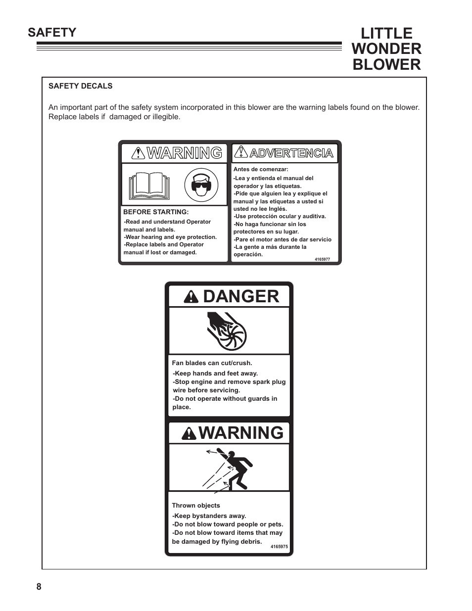 Danger, Little wonder blower, Warning | Safety, Advertencia | Little Wonder OPTIMAX 91270-03-01 User Manual | Page 8 / 16