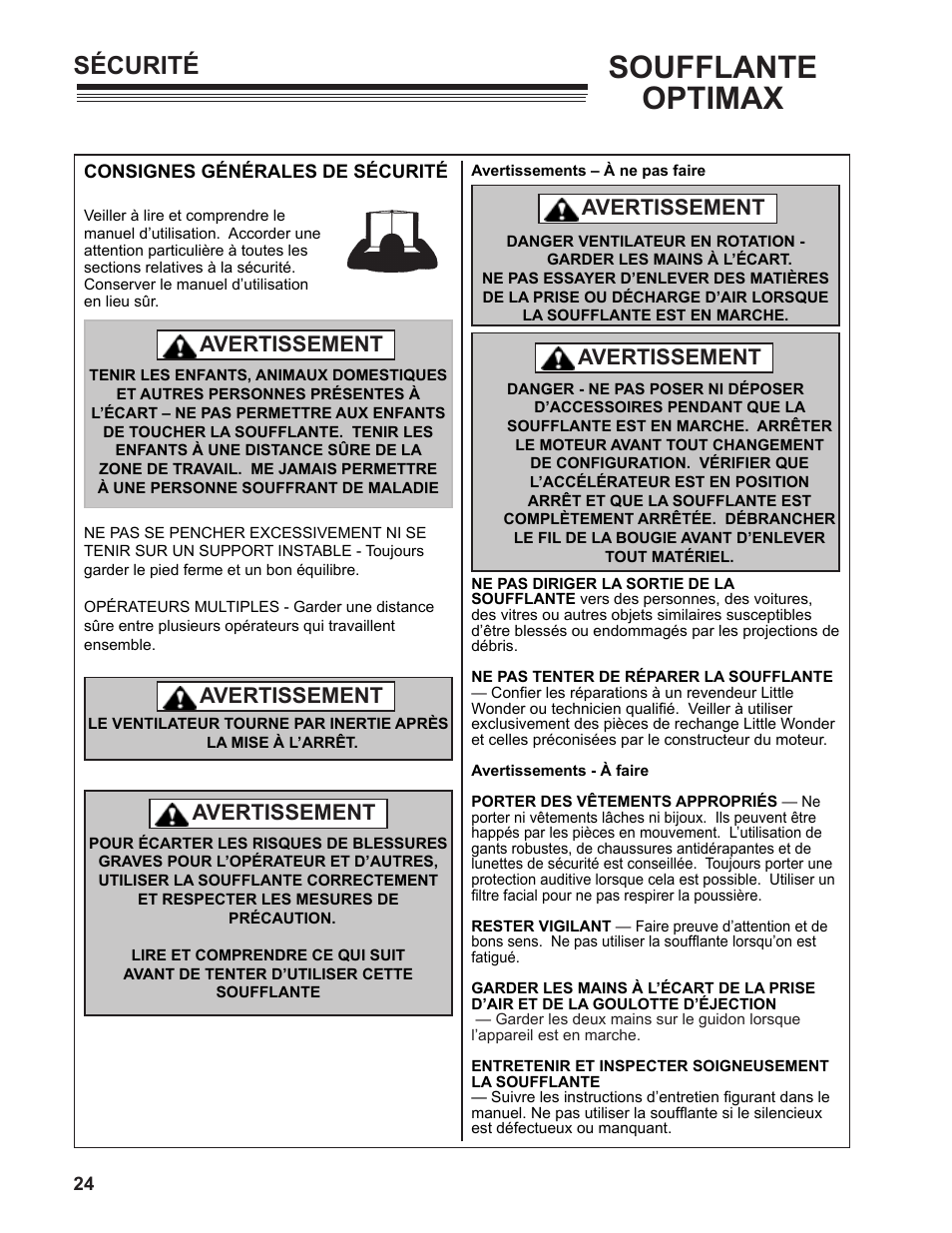 Soufflante optimax, Sécurité, Avertissement | Little Wonder MAXIMUM OUTPUT BLOWER User Manual | Page 24 / 54