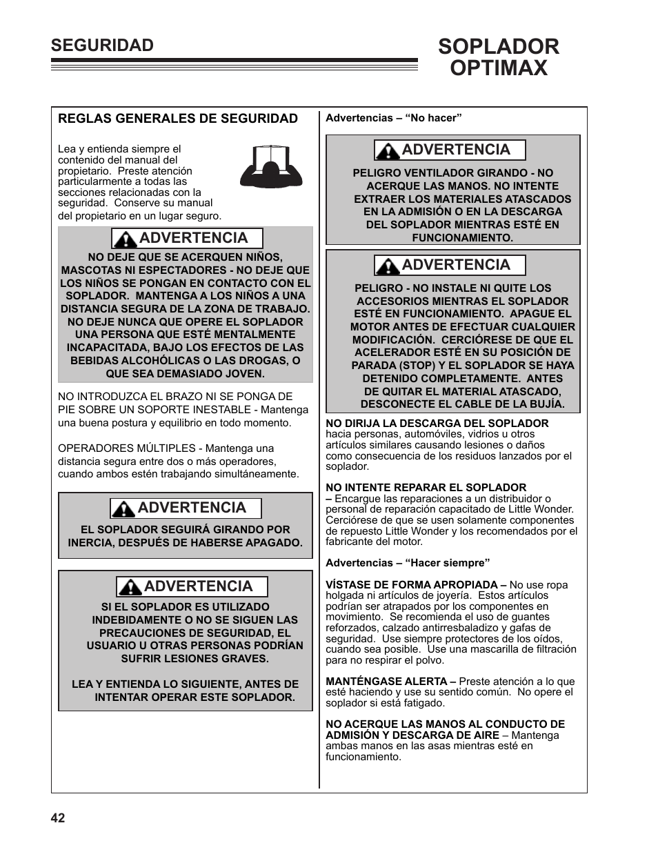 Soplador optimax, Seguridad, Advertencia | Little Wonder MAXIMUM OUTPUT BLOWER User Manual | Page 42 / 54