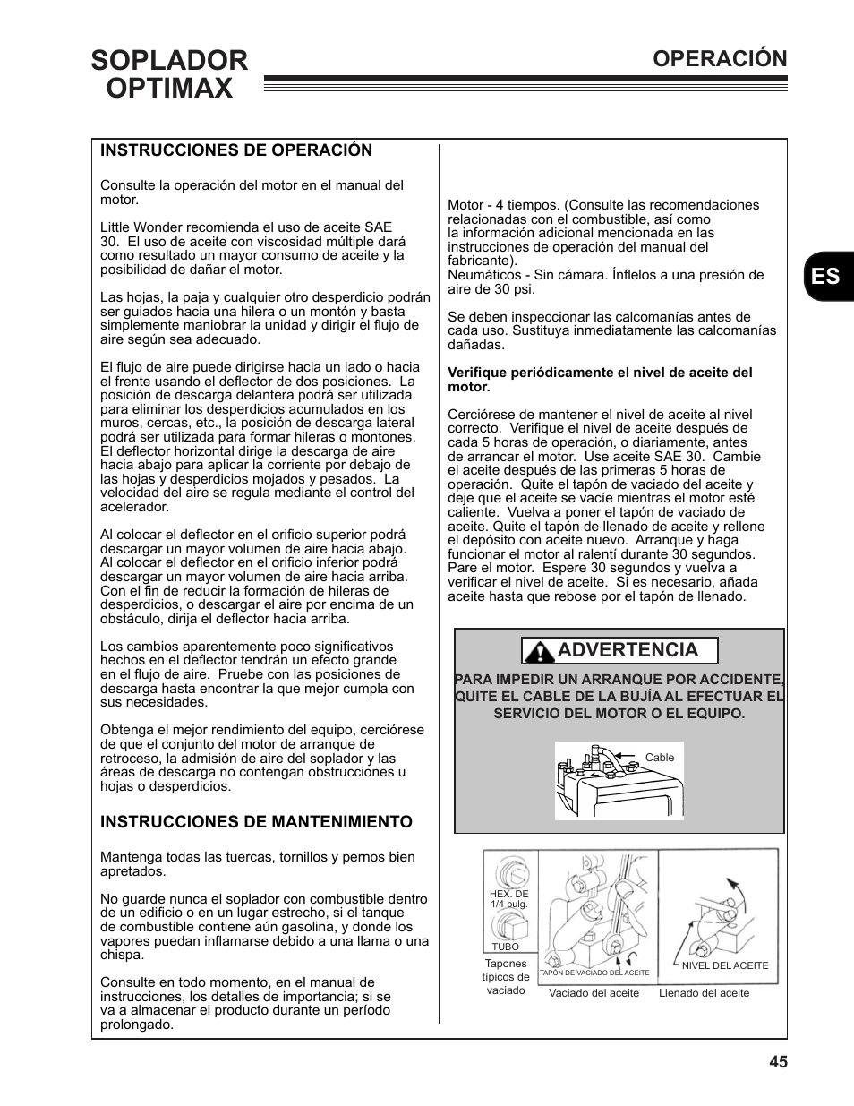 Soplador optimax, Es operación, Advertencia | Little Wonder MAXIMUM OUTPUT BLOWER User Manual | Page 45 / 54