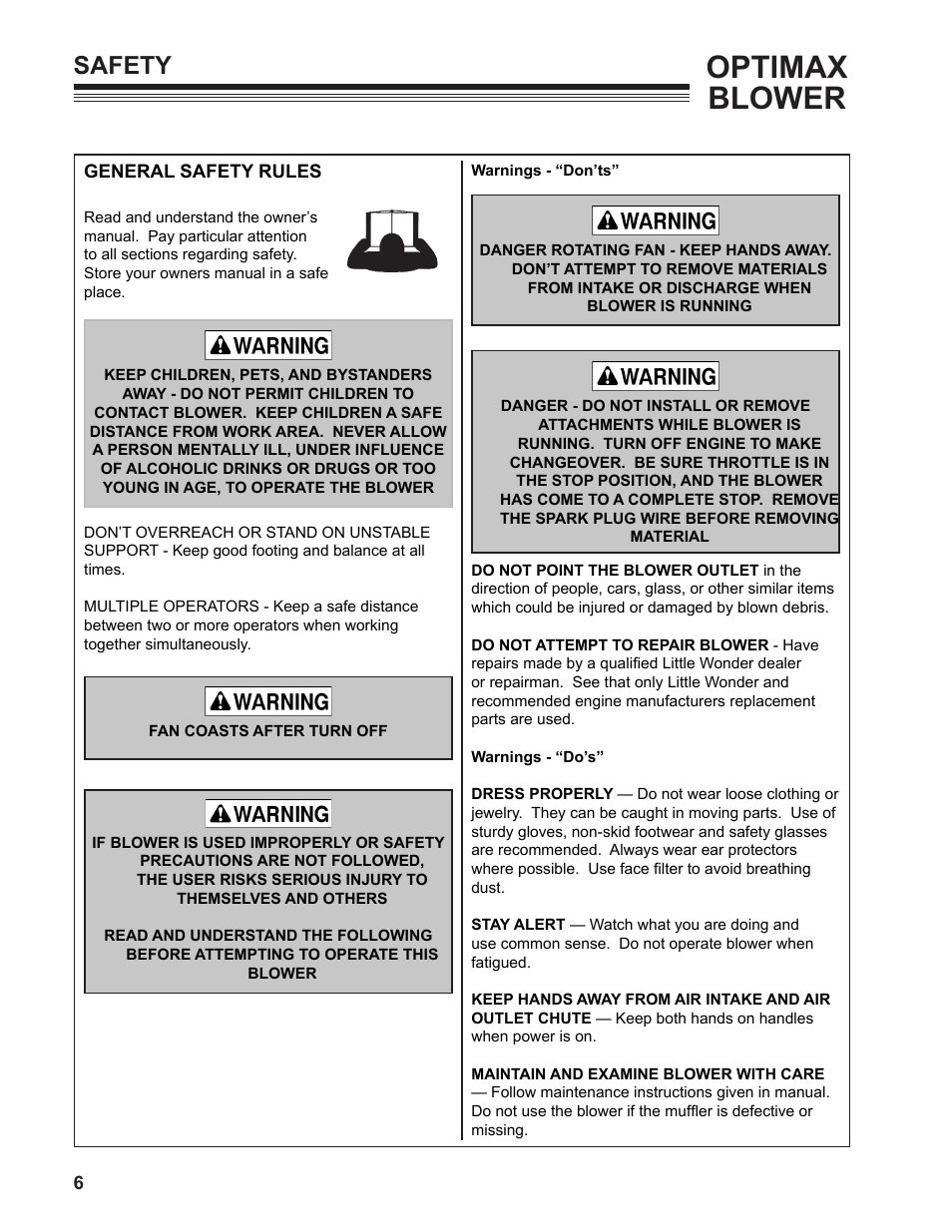 Optimax blower, Safety | Little Wonder MAXIMUM OUTPUT BLOWER User Manual | Page 6 / 54