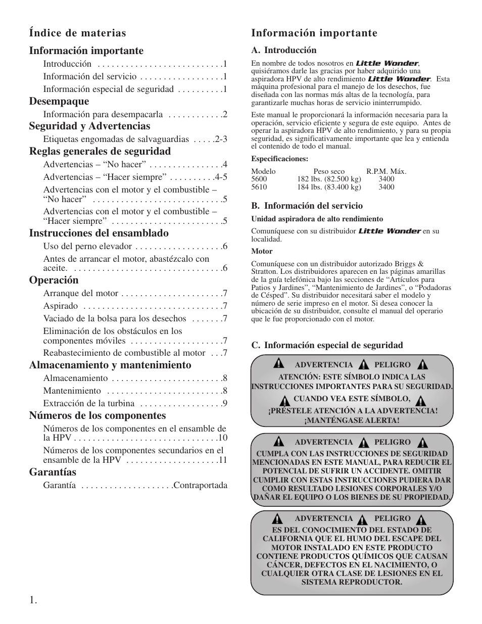 Índice de materias información importante, Información importante, Desempaque | Seguridad y advertencias, Reglas generales de seguridad, Instrucciones del ensamblado, Operación, Almacenamiento y mantenimiento, Números de los componentes, Garantías | Little Wonder Little Wonder User Manual | Page 14 / 40