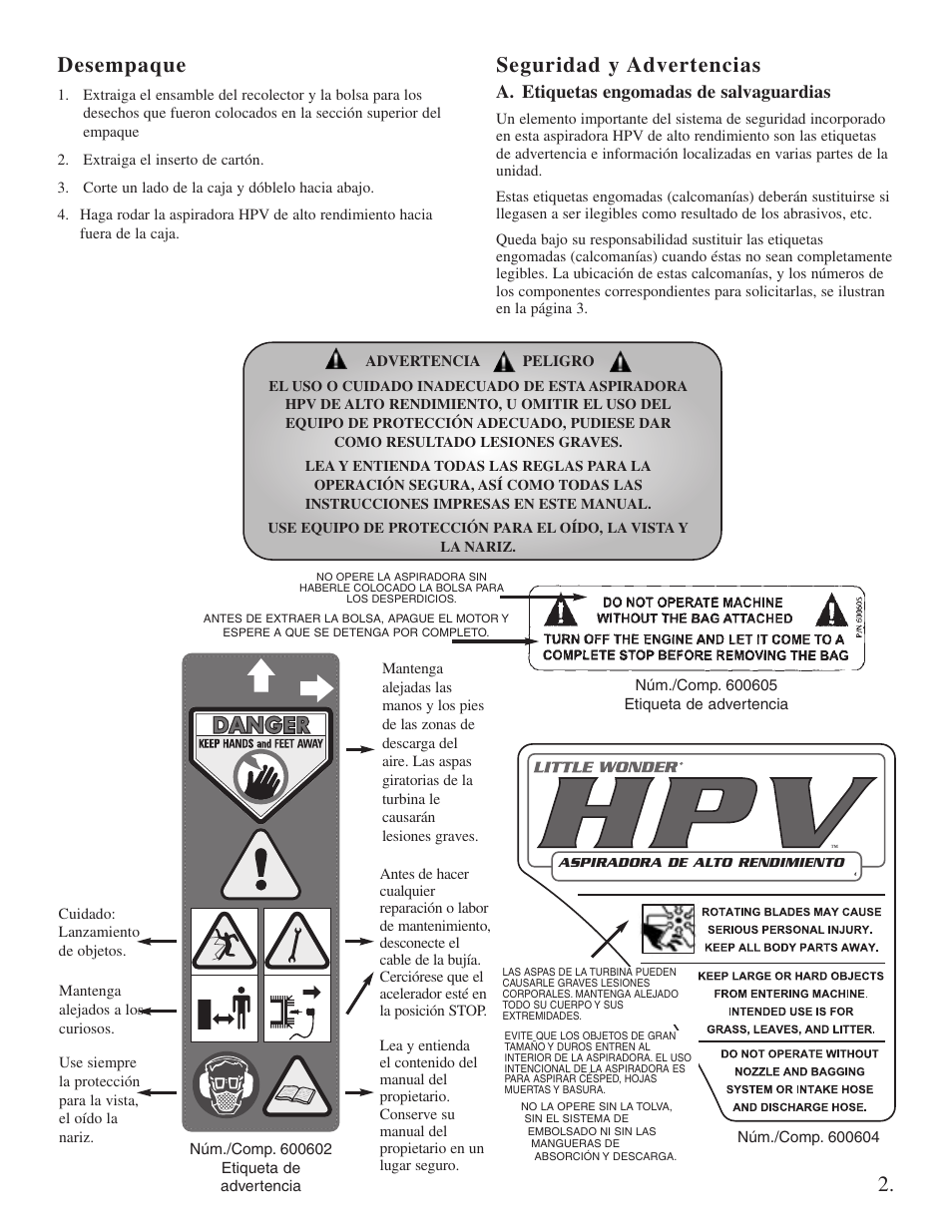 Desempaque, Seguridad y advertencias, A. etiquetas engomadas de salvaguardias | Little Wonder Little Wonder User Manual | Page 15 / 40