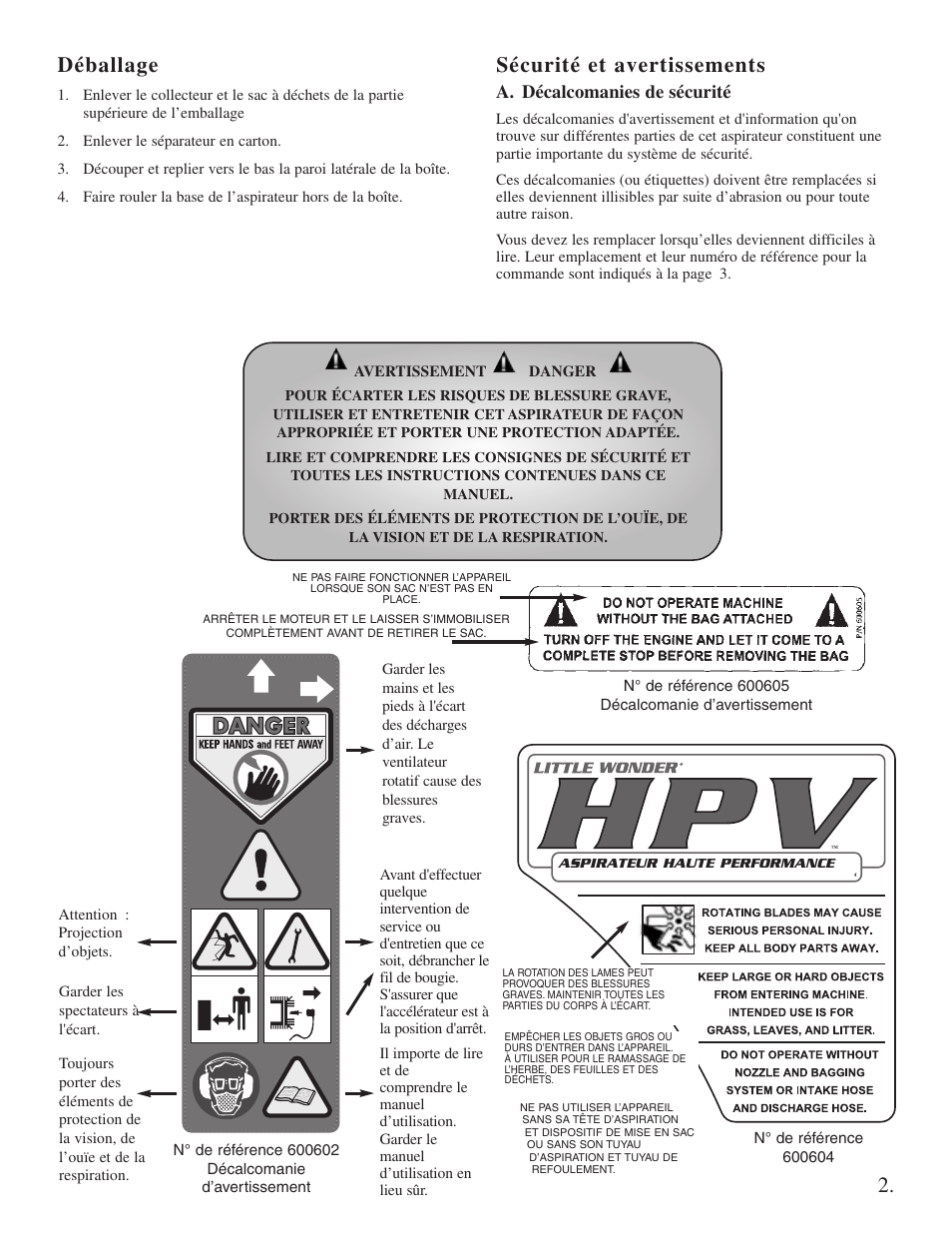 Déballage, Sécurité et avertissements, A. décalcomanies de sécurité | Little Wonder Little Wonder User Manual | Page 27 / 40
