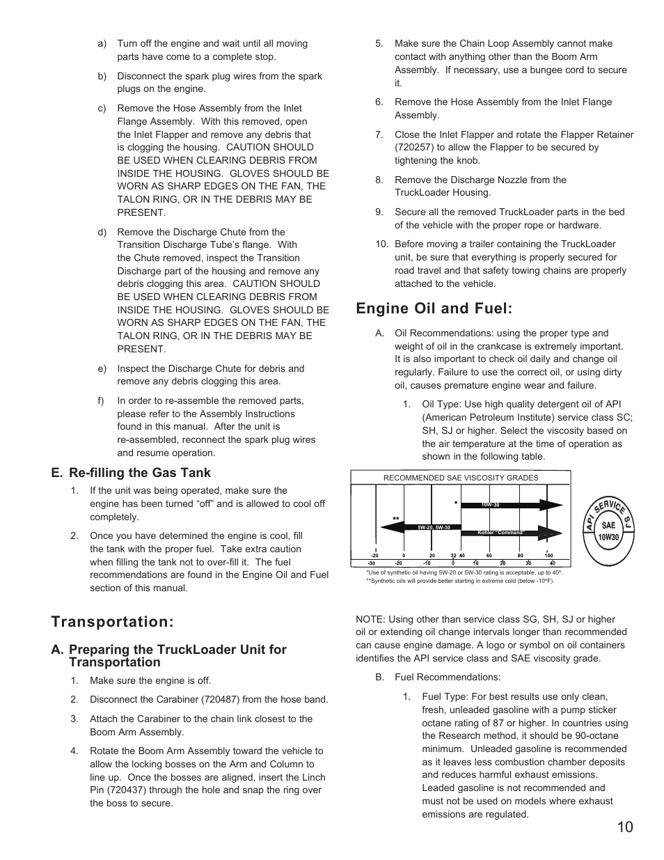 Transportation, Engine oil and fuel, E. re-filling the gas tank | Little Wonder 8221 User Manual | Page 11 / 20