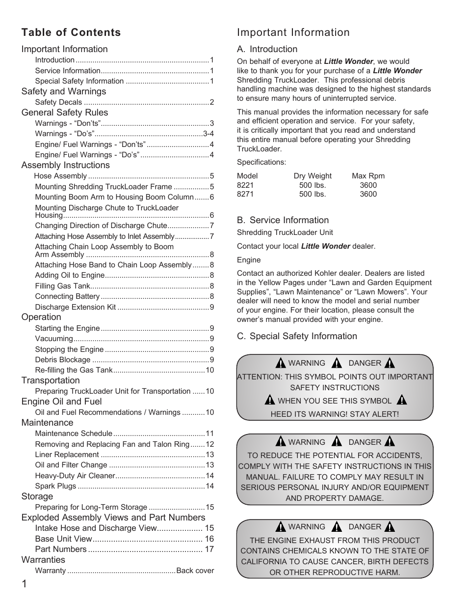 1table of contents important information | Little Wonder 8221 User Manual | Page 2 / 20