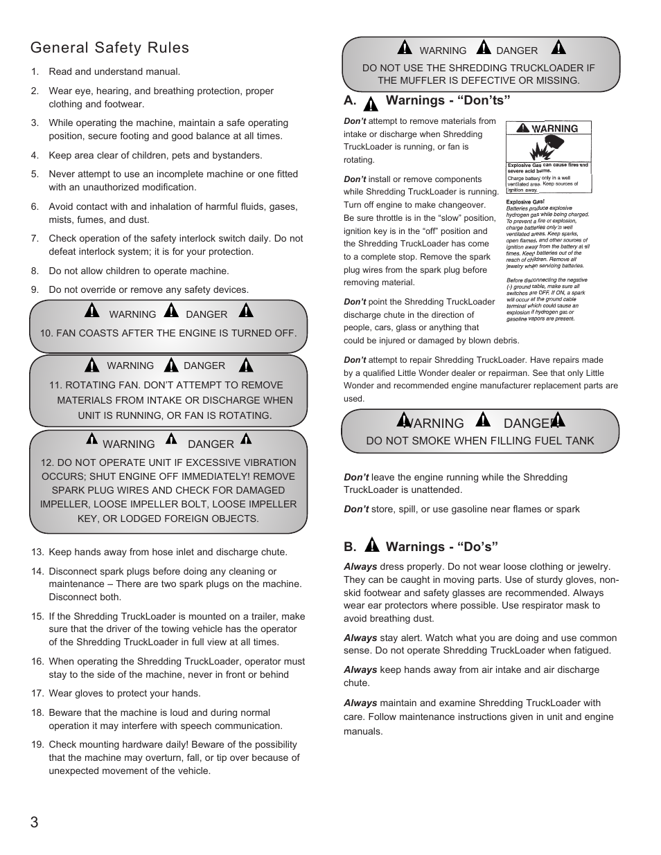 3general safety rules, A. warnings - “don’ts, B. warnings - “do’s | Warning danger | Little Wonder 8221 User Manual | Page 4 / 20