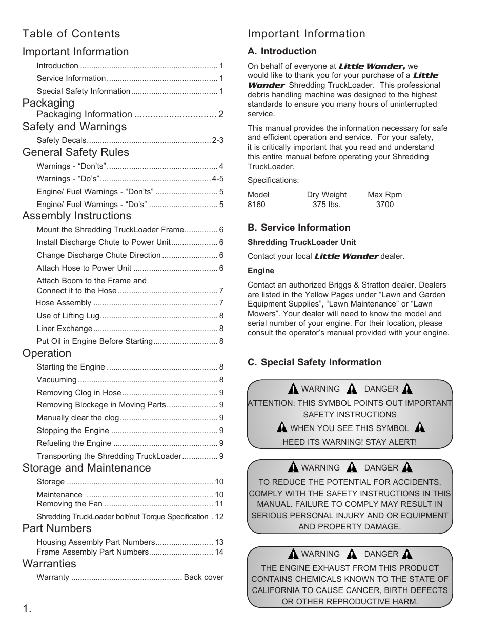 Table of contents important information, Important information, Packaging | Safety and warnings, General safety rules, Assembly instructions, Operation, Storage and maintenance, Part numbers, Warranties | Little Wonder 8160 User Manual | Page 2 / 16