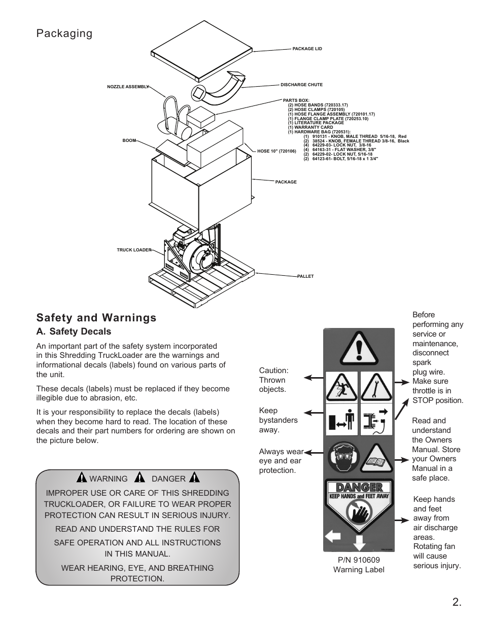 Packaging, Safety and warnings, A. safety decals | Little Wonder 8160 User Manual | Page 3 / 16