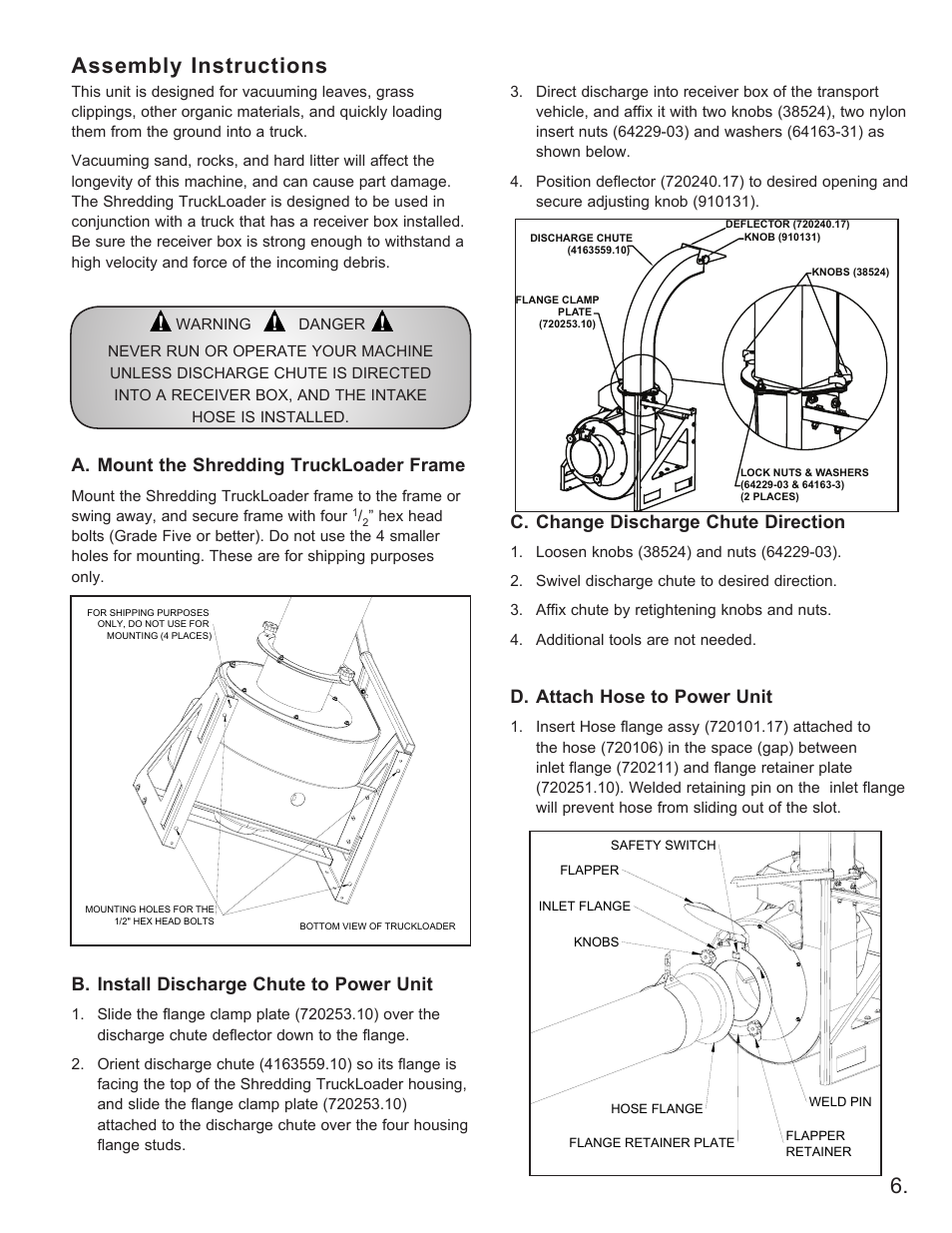 Assembly instructions, A. mount the shredding truckloader frame, B. install discharge chute to power unit | C. change discharge chute direction, D. attach hose to power unit | Little Wonder 8160 User Manual | Page 7 / 16