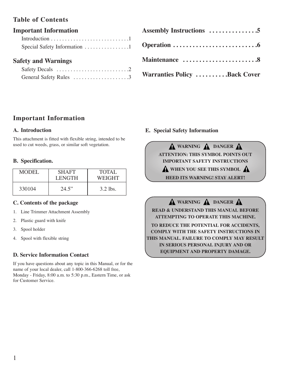 1table of contents important information, Important information, Safety and warnings | Little Wonder Line Trimmer User Manual | Page 2 / 12