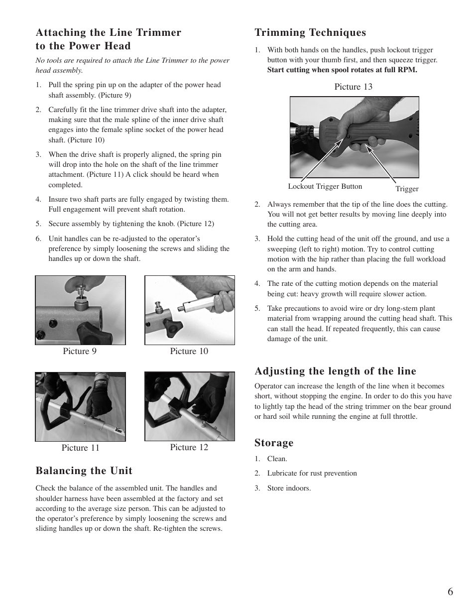 Attaching the line trimmer to the power head, Balancing the unit, Trimming techniques | Adjusting the length of the line, Storage | Little Wonder Line Trimmer User Manual | Page 7 / 12