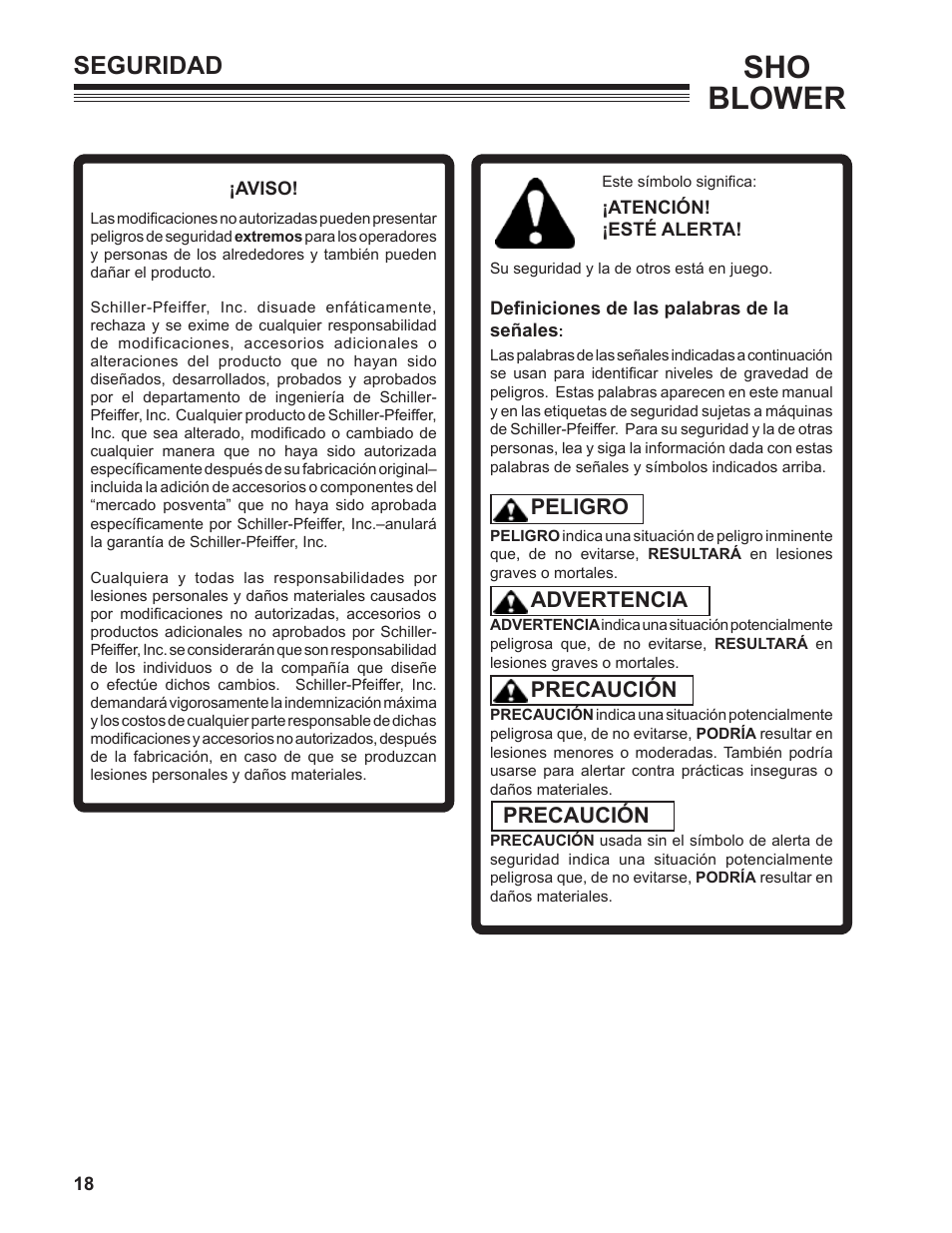 Sho blower, Seguridad, Peligro advertencia precaución precaución | Little Wonder SHO 9502-00-01 User Manual | Page 18 / 42