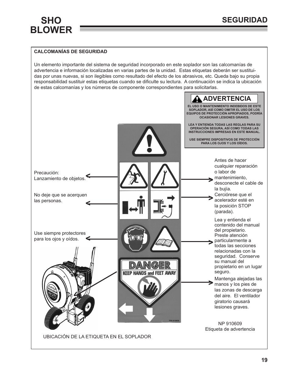 Sho blower, Seguridad, Advertencia | Little Wonder SHO 9502-00-01 User Manual | Page 19 / 42