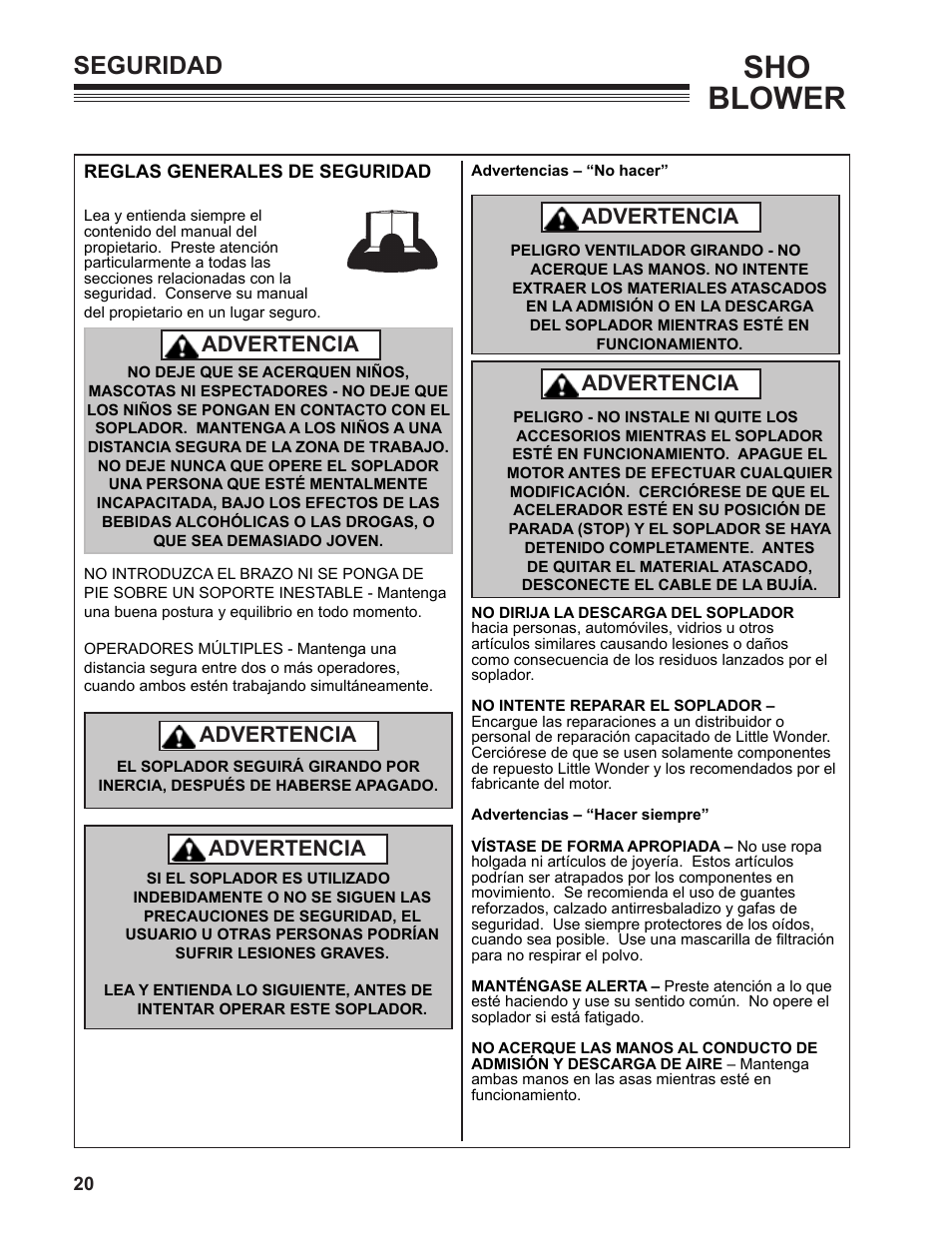 Sho blower, Seguridad, Advertencia | Little Wonder SHO 9502-00-01 User Manual | Page 20 / 42