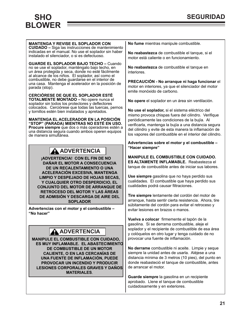 Sho blower, Seguridad, Advertencia | Little Wonder SHO 9502-00-01 User Manual | Page 21 / 42