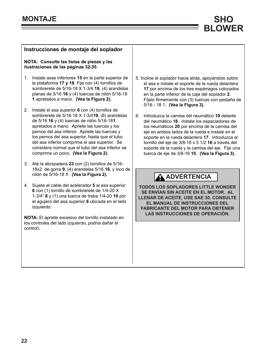 Sho blower, Montaje, Advertencia | Little Wonder SHO 9502-00-01 User Manual | Page 22 / 42