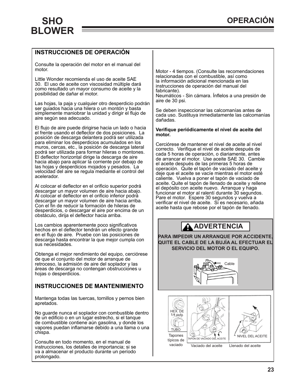 Sho blower, Operación, Advertencia | Little Wonder SHO 9502-00-01 User Manual | Page 23 / 42