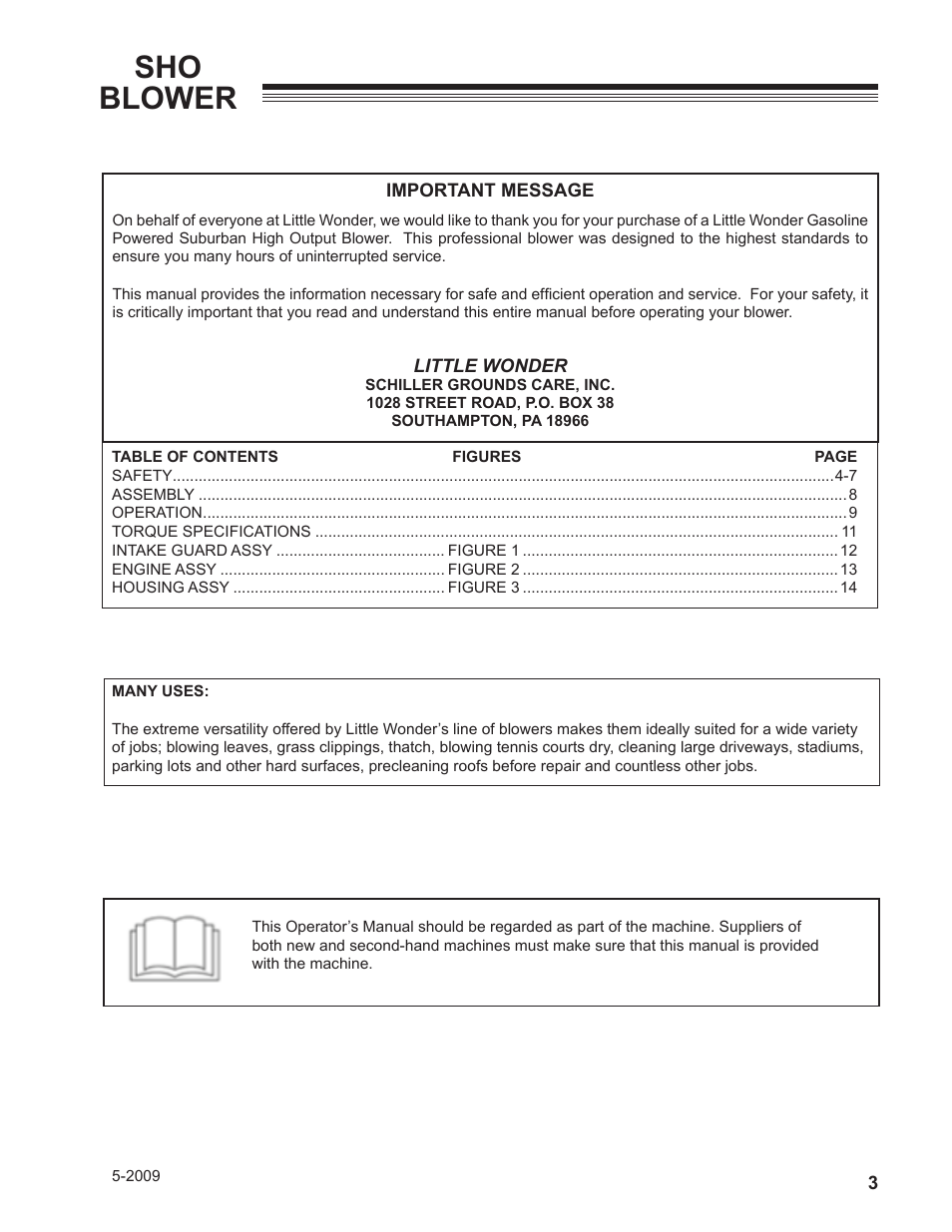 Sho blower | Little Wonder SHO 9502-00-01 User Manual | Page 3 / 42