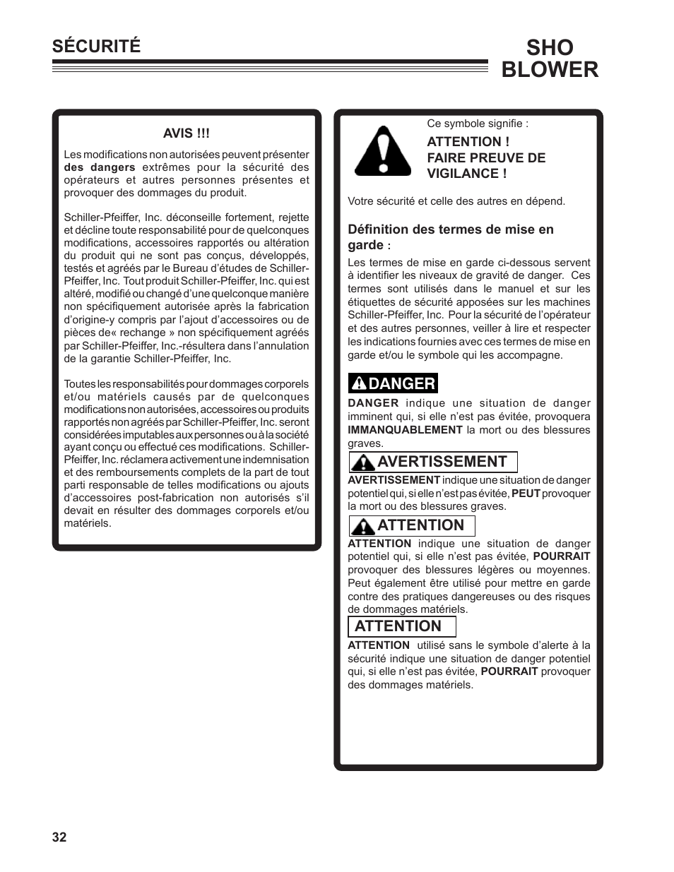Sho blower, Sécurité, Avertissement attention attention | Little Wonder SHO 9502-00-01 User Manual | Page 32 / 42