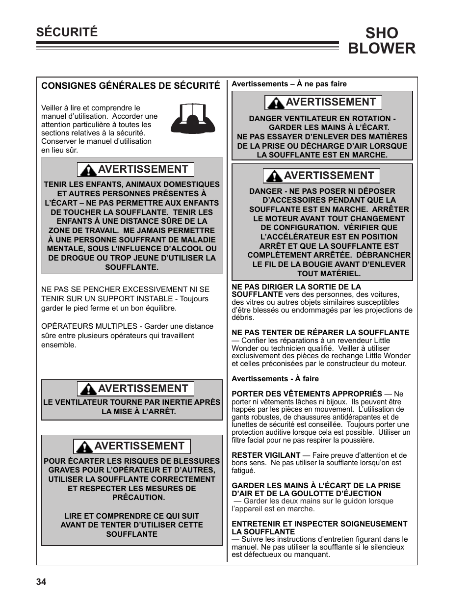 Sho blower, Sécurité, Avertissement | Little Wonder SHO 9502-00-01 User Manual | Page 34 / 42