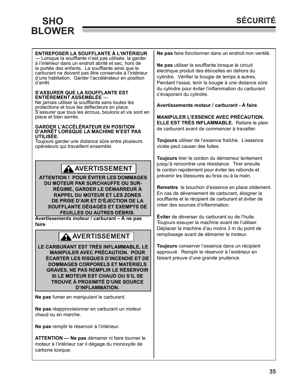 Sho blower, Sécurité, Avertissement | Little Wonder SHO 9502-00-01 User Manual | Page 35 / 42