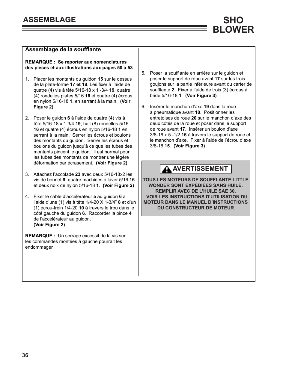 Sho blower, Assemblage, Avertissement | Little Wonder SHO 9502-00-01 User Manual | Page 36 / 42