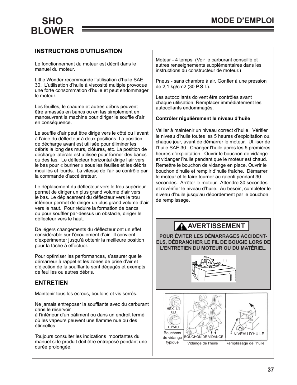 Sho blower, Mode d’emploi, Avertissement | Little Wonder SHO 9502-00-01 User Manual | Page 37 / 42