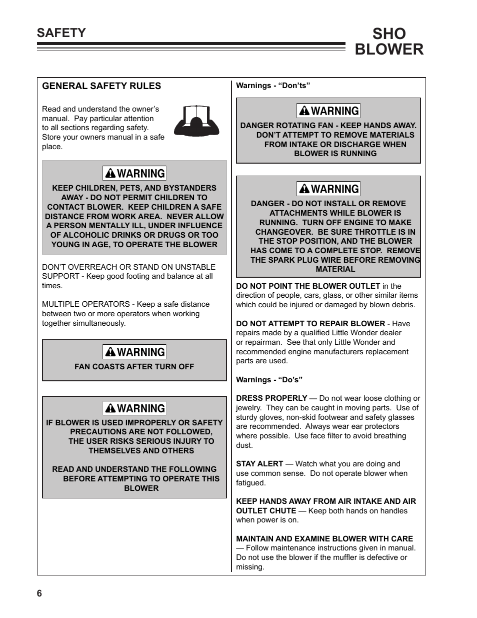 Sho blower, Safety | Little Wonder SHO 9502-00-01 User Manual | Page 6 / 42