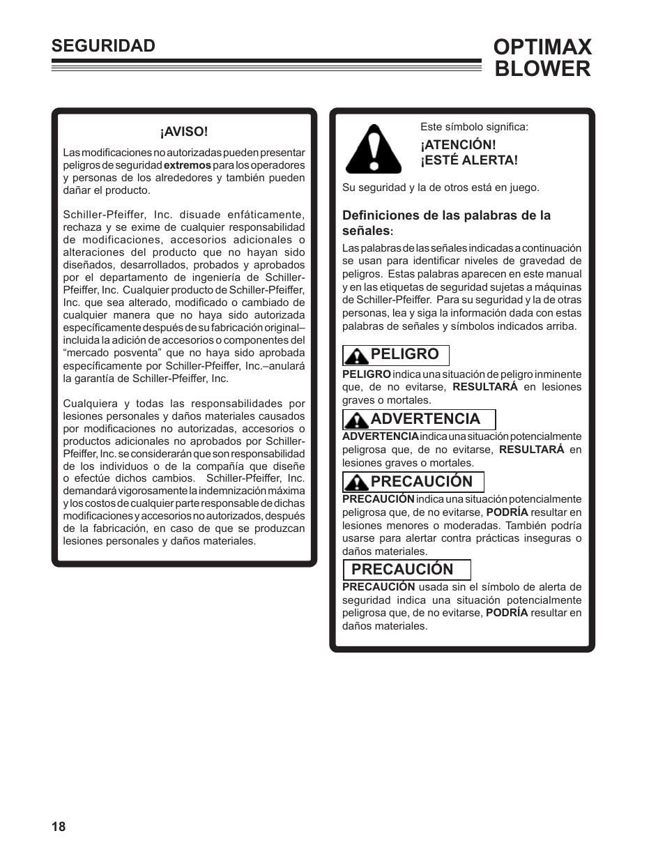 Optimax blower, Seguridad, Peligro advertencia precaución precaución | Little Wonder SHO LB601-00-01 User Manual | Page 18 / 42