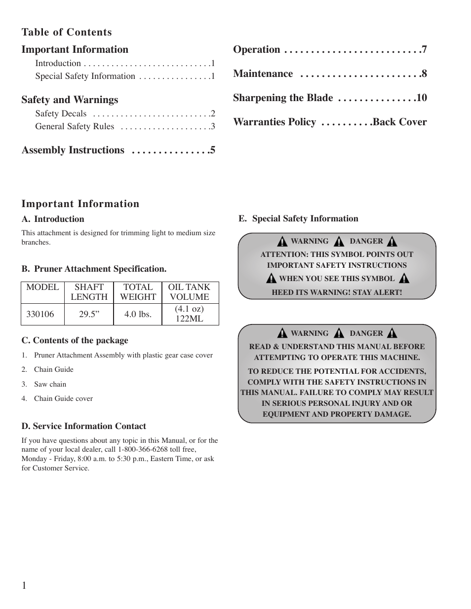 1table of contents important information, Important information, Safety and warnings | Little Wonder PRUNER User Manual | Page 2 / 15