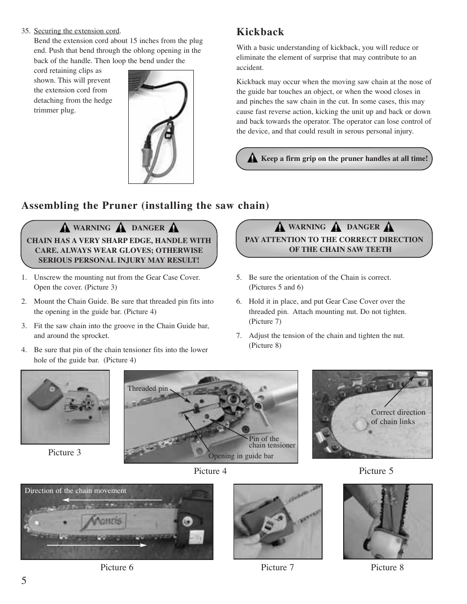 Assembling the pruner (installing the saw chain), Kickback | Little Wonder PRUNER User Manual | Page 6 / 15
