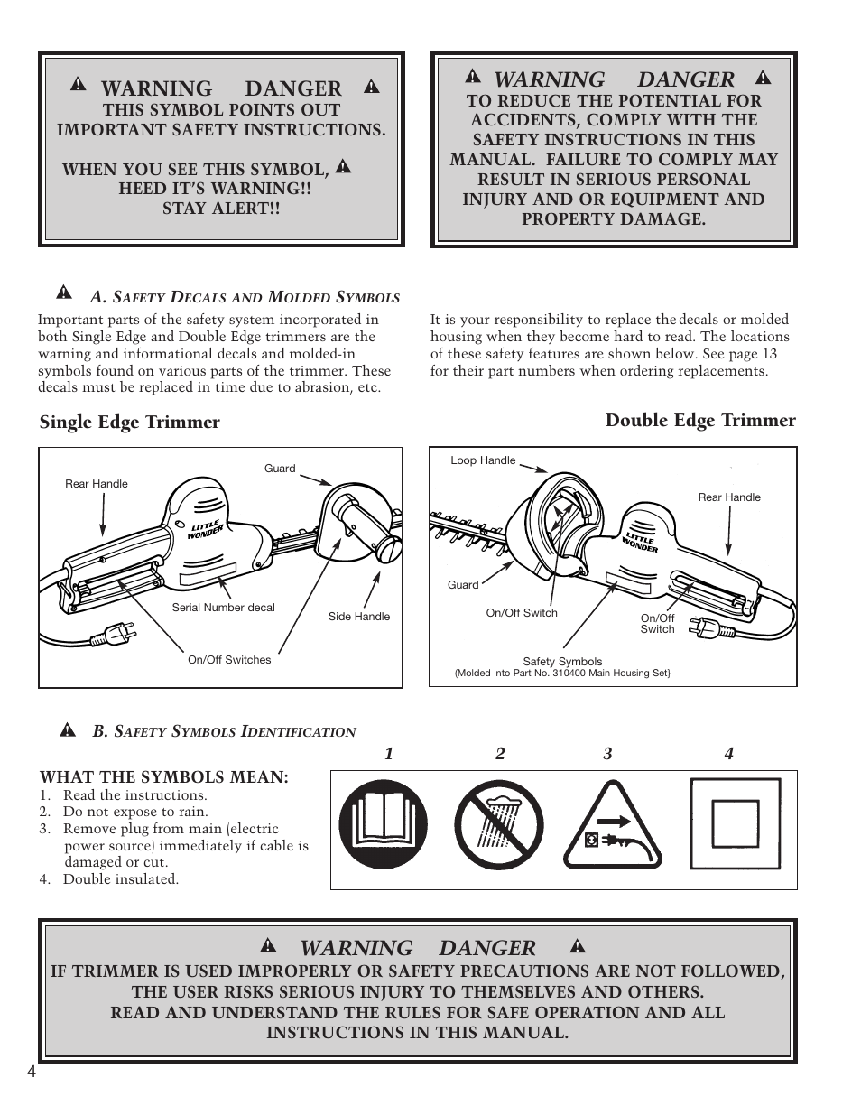 Warning danger, Single edge trimmer double edge trimmer | Little Wonder 1910 User Manual | Page 4 / 14