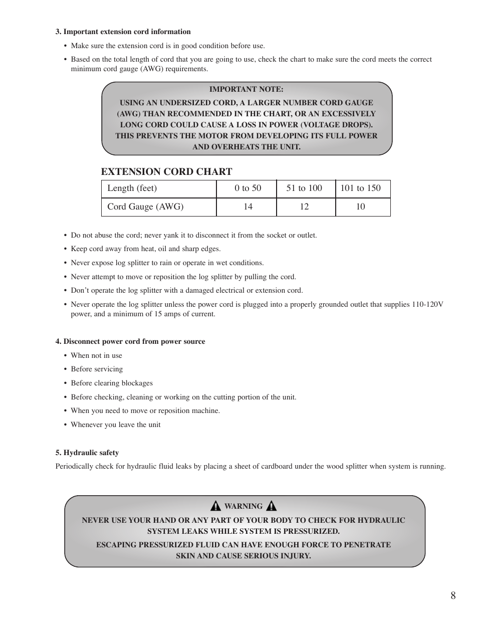 Extension cord chart | Little Wonder 5000 User Manual | Page 9 / 21