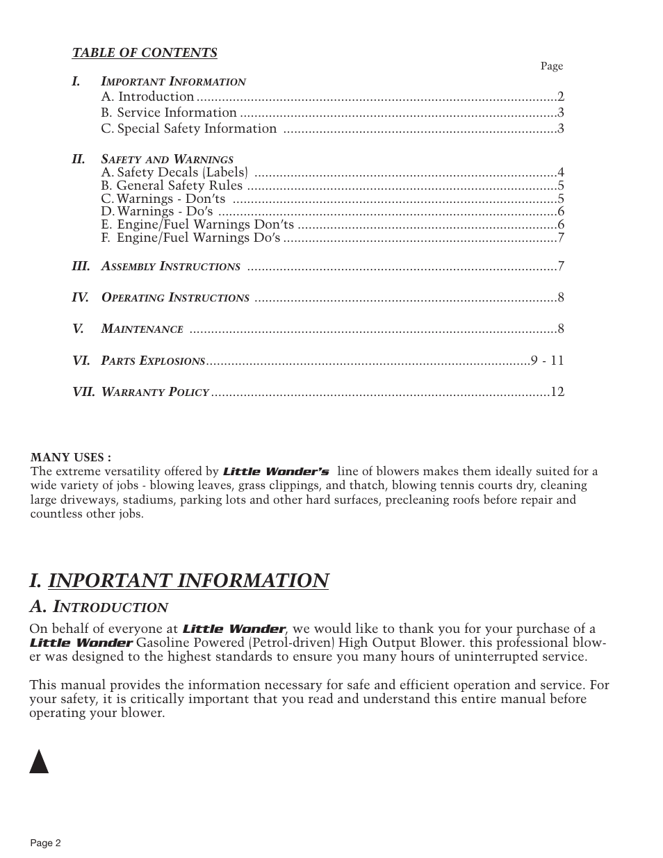 I. inportant information, Warning, A. i | Little Wonder 9600 User Manual | Page 2 / 12