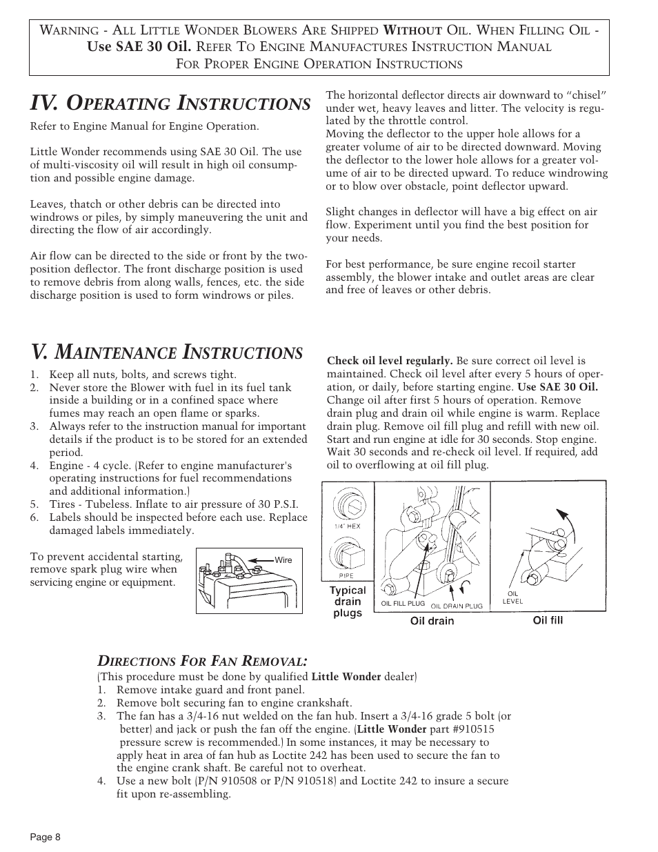 Iv. o, V. m, Perating | Nstructions, Aintenance | Little Wonder 9600 User Manual | Page 8 / 12