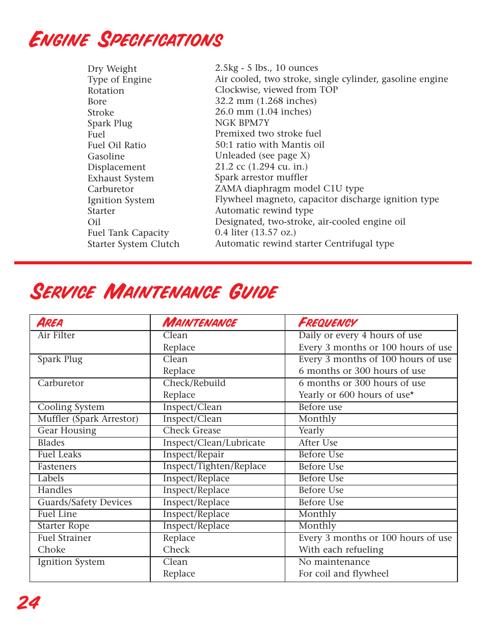 Engine specifications, Service maintenance guide | Little Wonder Edger User Manual | Page 24 / 32