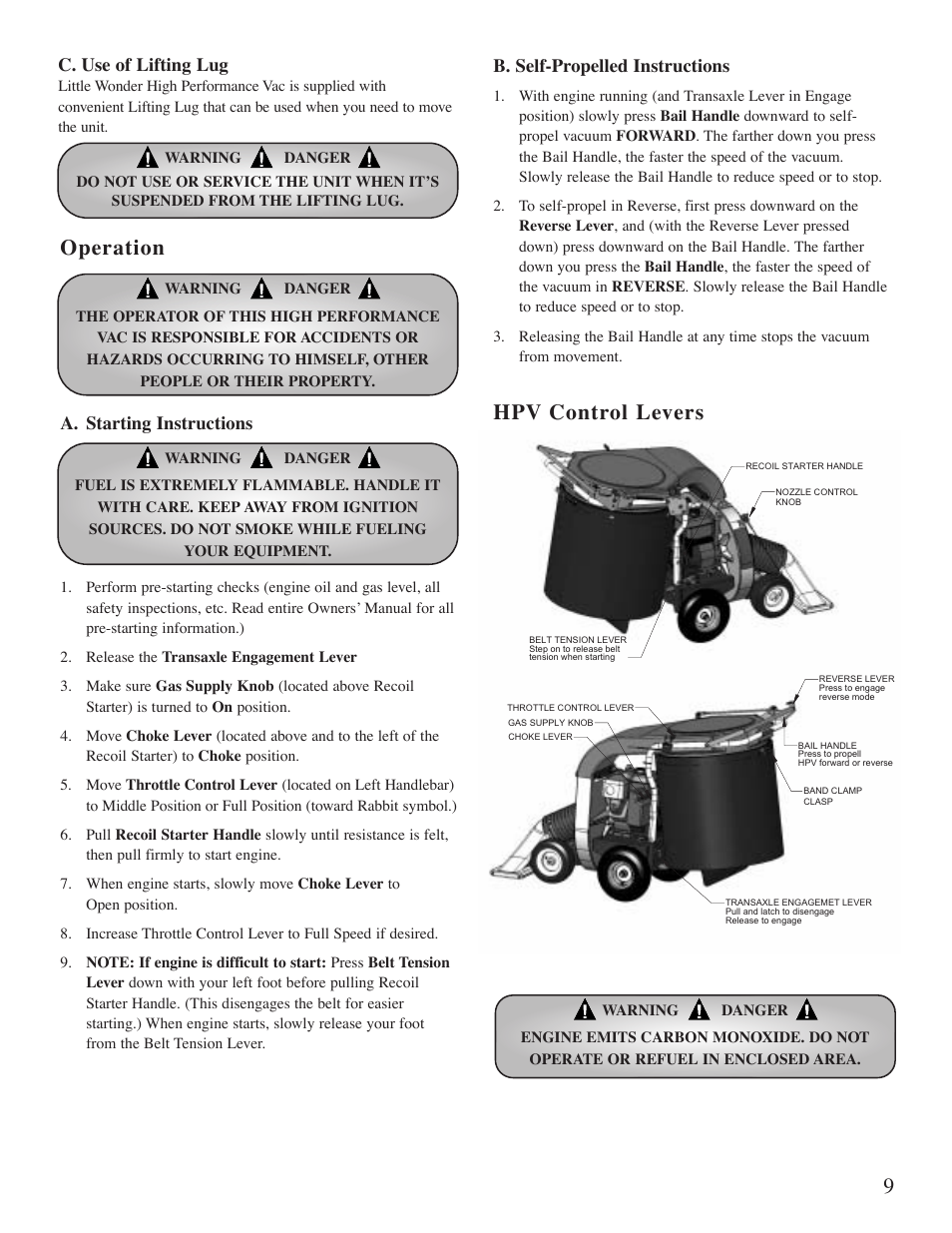 9operation, Hpv control levers, A. starting instructions | C. use of lifting lug, B. self-propelled instructions | Little Wonder 5621 User Manual | Page 10 / 56
