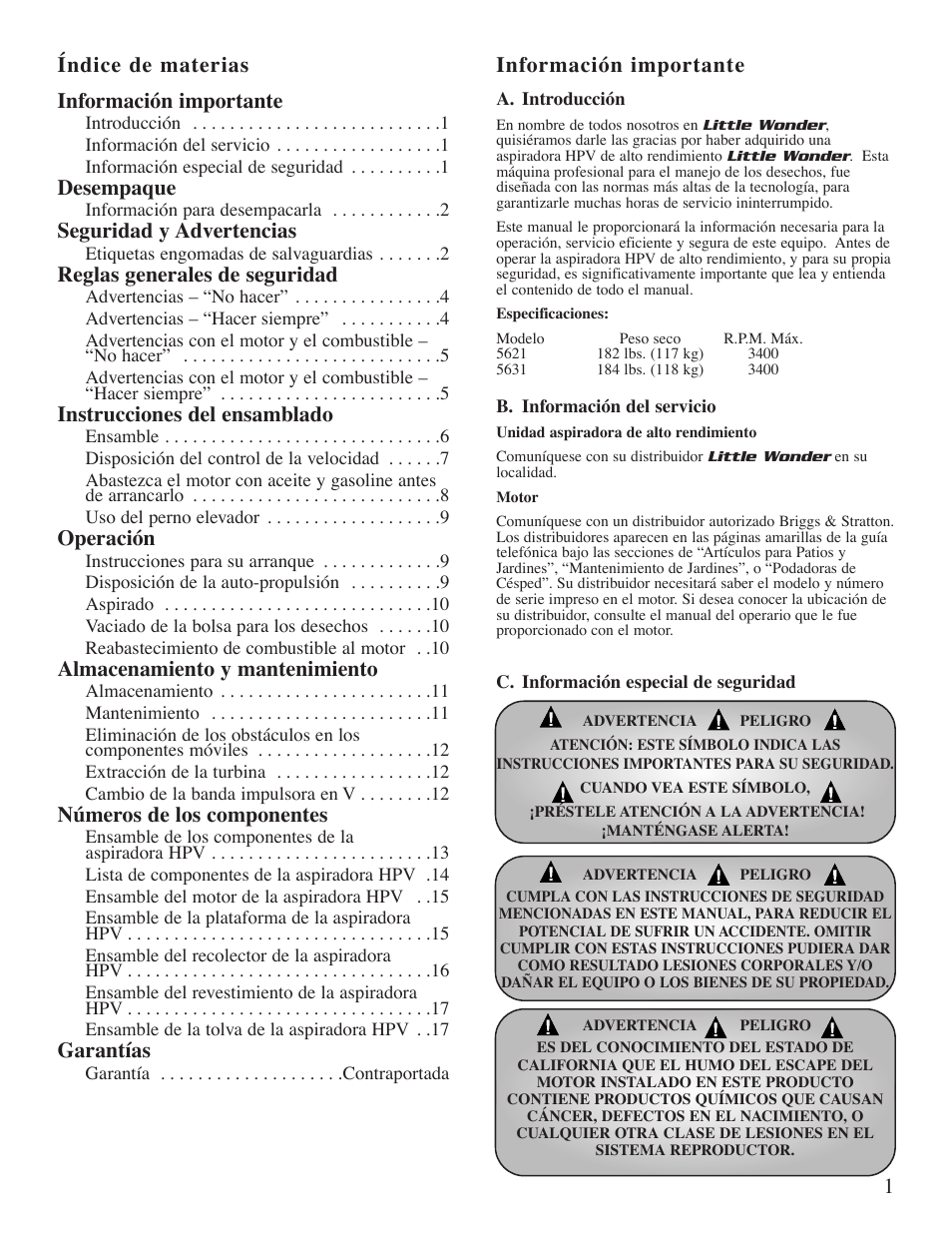 1índice de materias información importante, Información importante, Desempaque | Seguridad y advertencias, Reglas generales de seguridad, Instrucciones del ensamblado, Operación, Almacenamiento y mantenimiento, Números de los componentes, Garantías | Little Wonder 5621 User Manual | Page 38 / 56