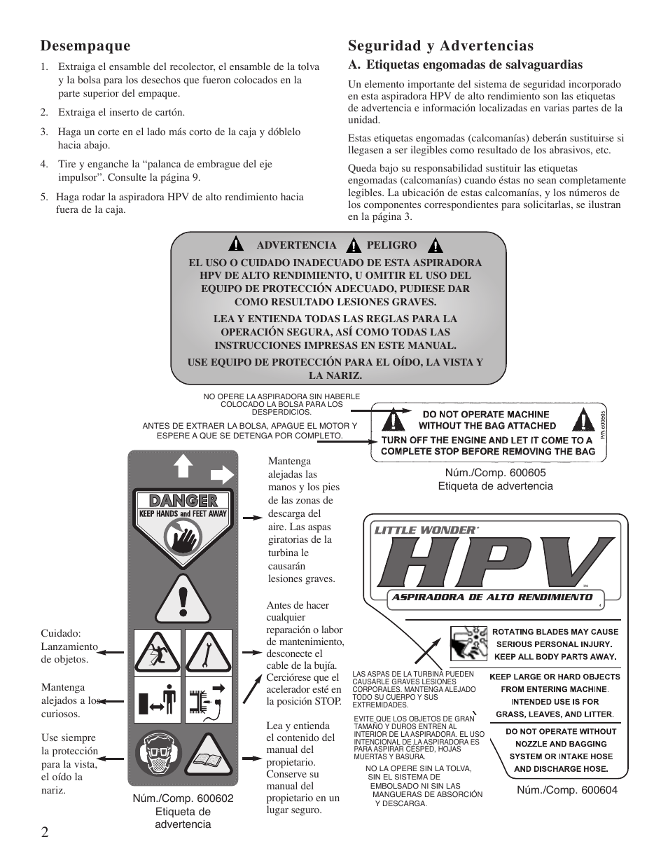 2desempaque, Seguridad y advertencias, A. etiquetas engomadas de salvaguardias | Little Wonder 5621 User Manual | Page 39 / 56