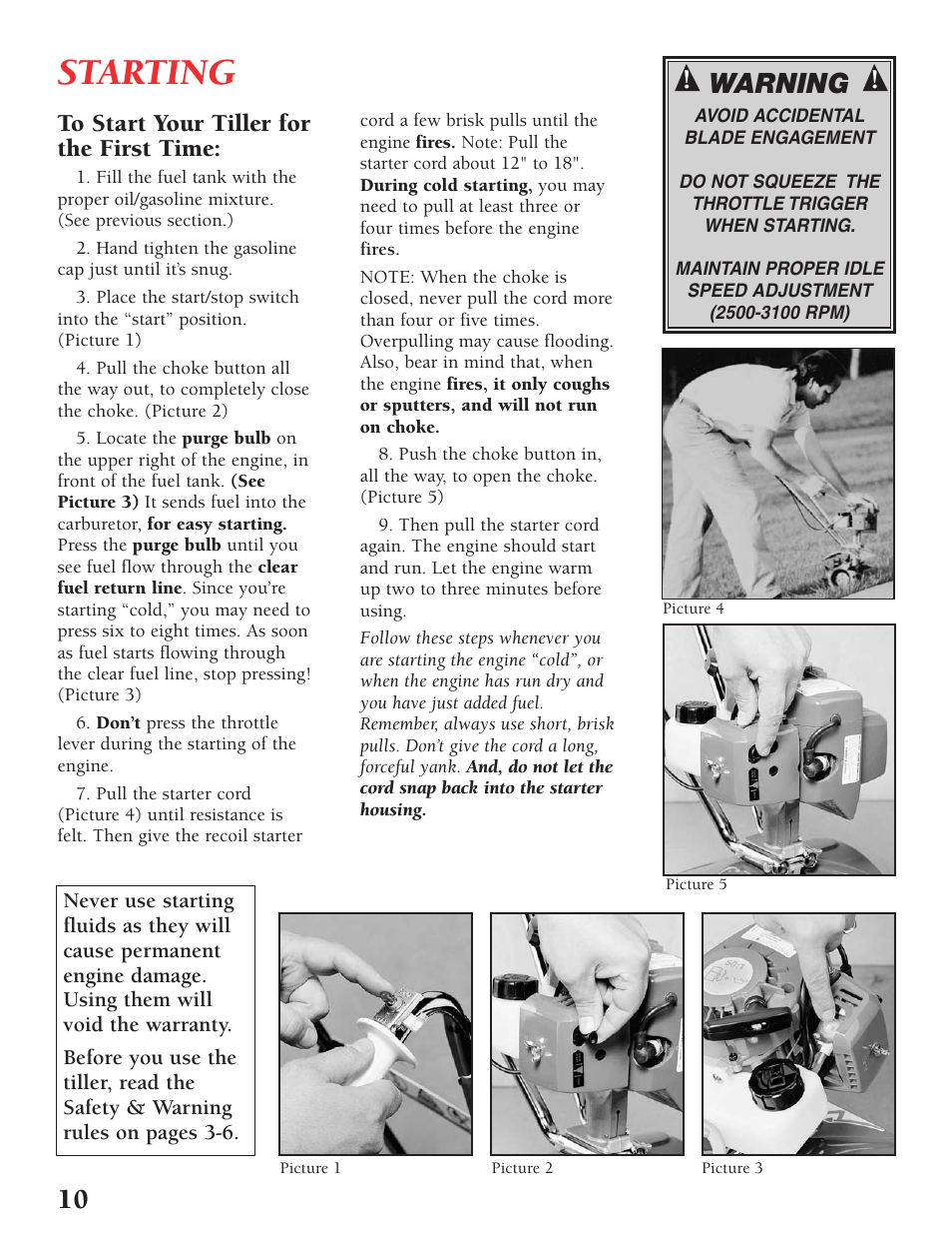 Starting, Warning | Little Wonder Tiller/Cultivator User Manual | Page 10 / 32