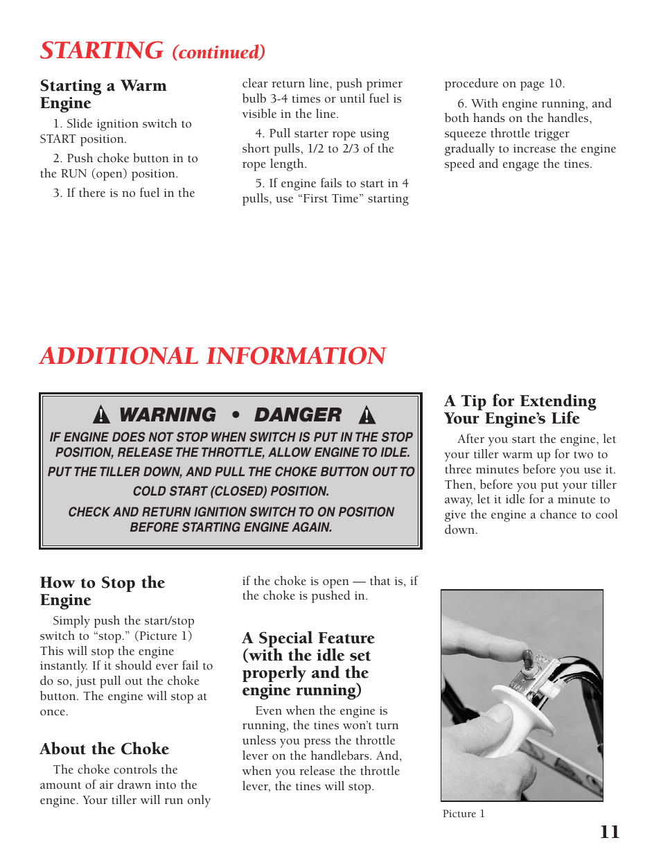 Starting, Additional information, Warning • danger | Continued) | Little Wonder Tiller/Cultivator User Manual | Page 11 / 32