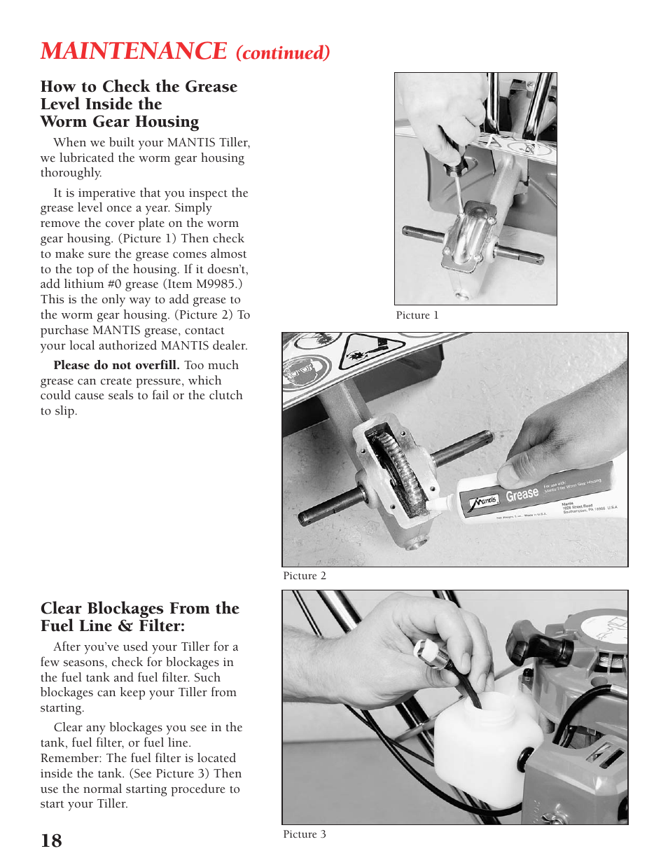 Maintenance, Continued), Clear blockages from the fuel line & filter | Little Wonder Tiller/Cultivator User Manual | Page 18 / 32