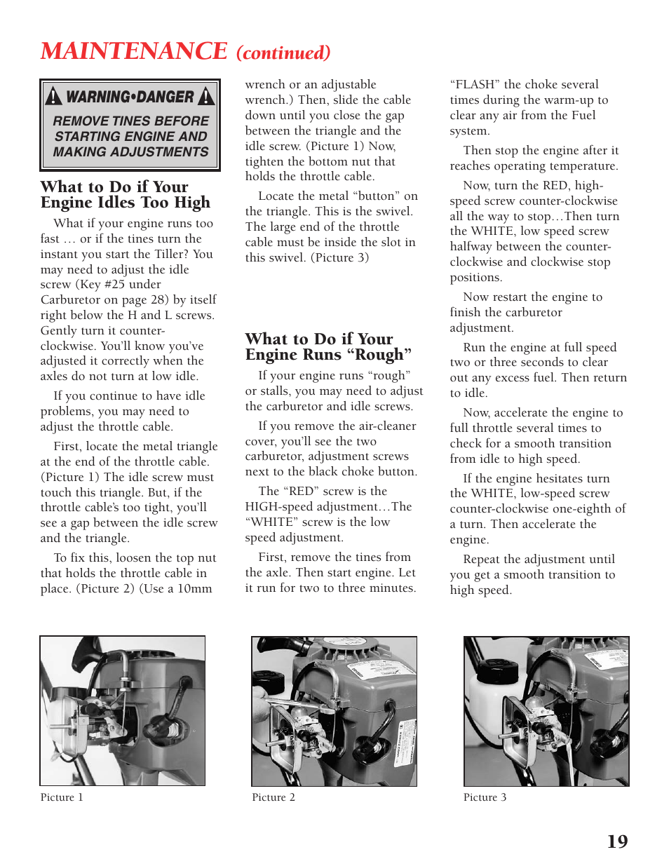 Maintenance, Continued), What to do if your engine idles too high | What to do if your engine runs “rough | Little Wonder Tiller/Cultivator User Manual | Page 19 / 32