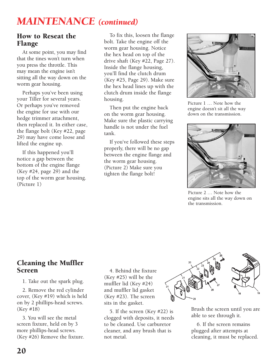 Maintenance, Continued), How to reseat the flange | Cleaning the muffler screen | Little Wonder Tiller/Cultivator User Manual | Page 20 / 32