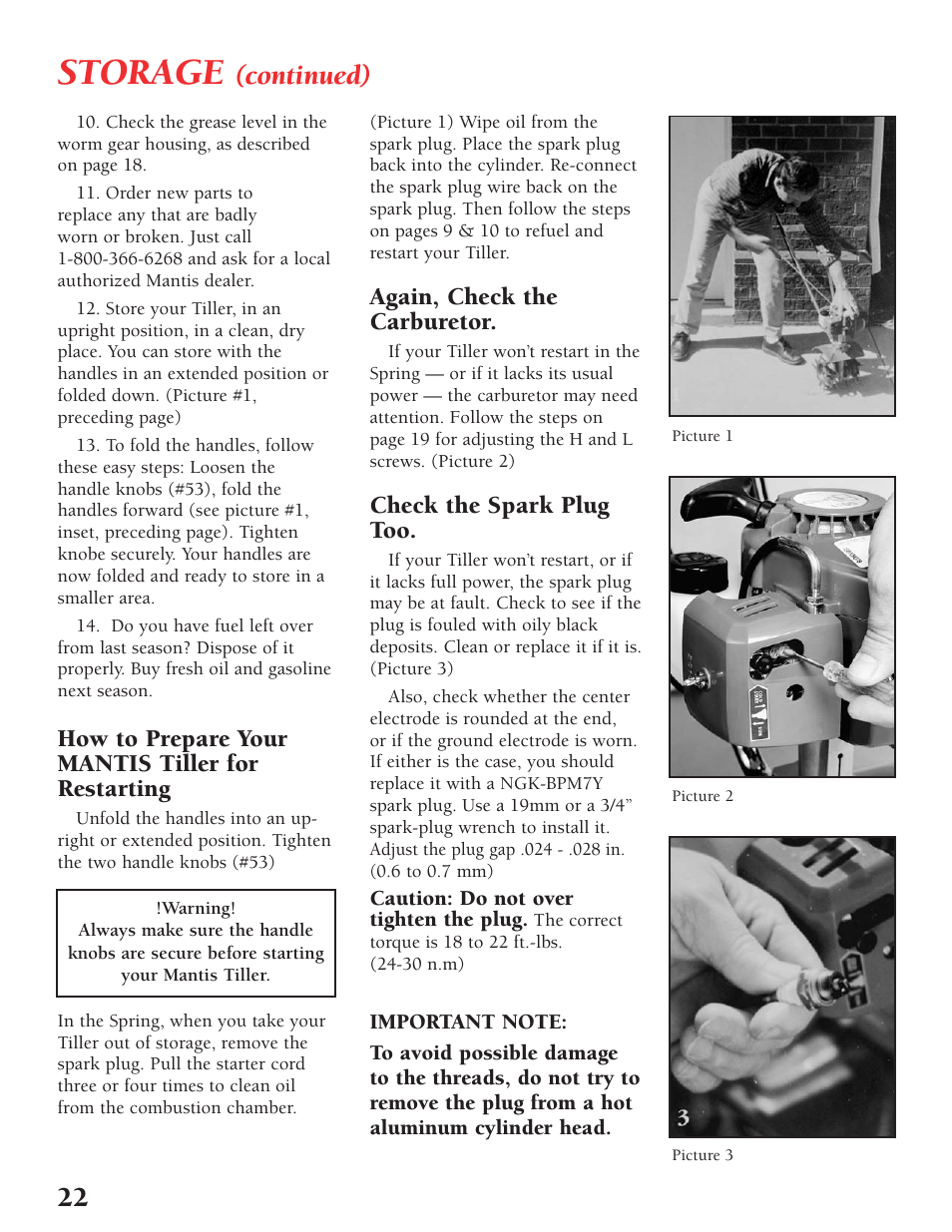 Storage, Continued), How to prepare your mantis tiller for restarting | Again, check the carburetor, Check the spark plug too | Little Wonder Tiller/Cultivator User Manual | Page 22 / 32