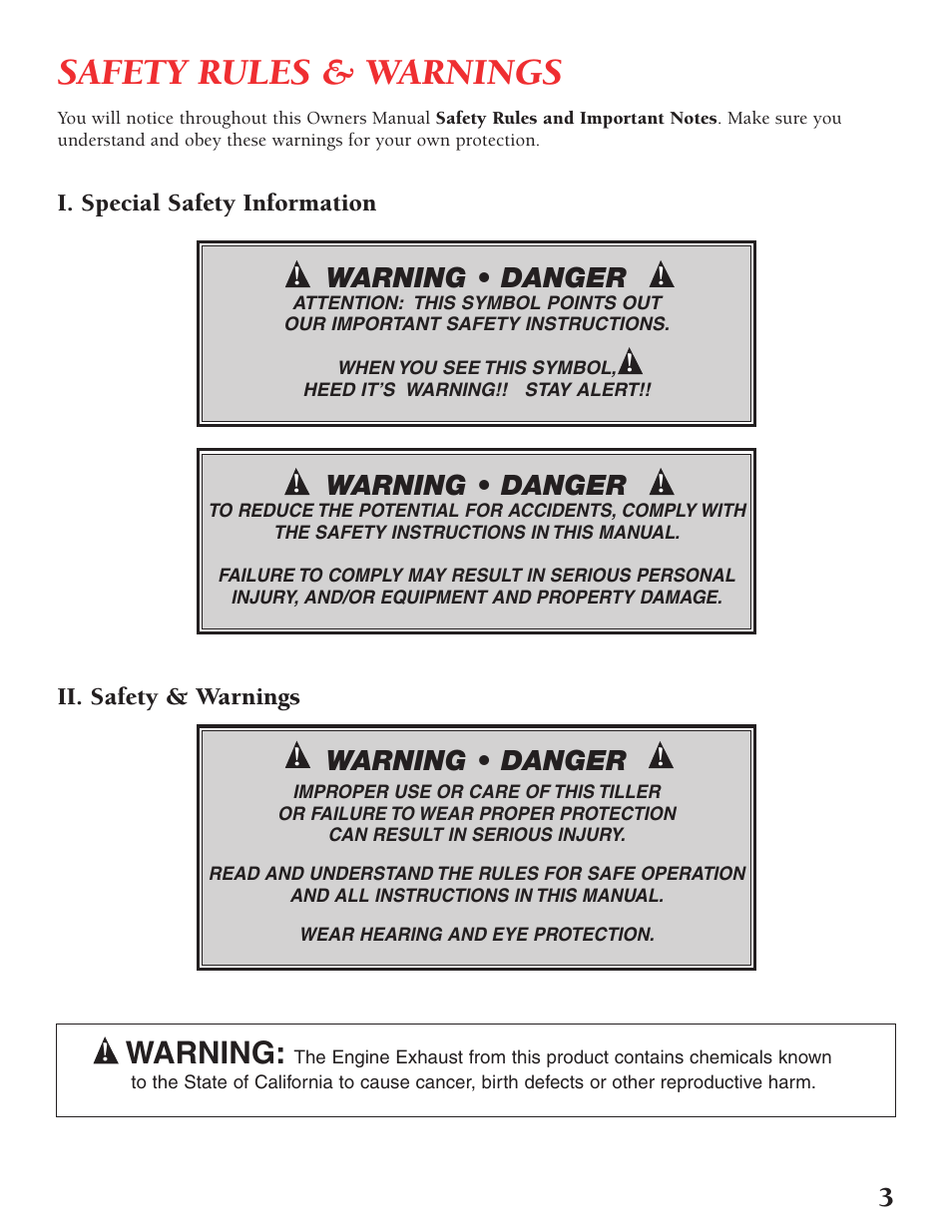 Safety rules & warnings, Warning, Warning • danger | Little Wonder Tiller/Cultivator User Manual | Page 3 / 32