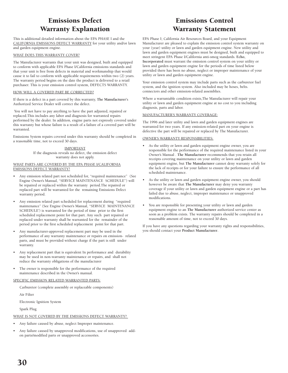 Emissions defect warranty explanation, Emissions control warranty statement | Little Wonder Tiller/Cultivator User Manual | Page 30 / 32