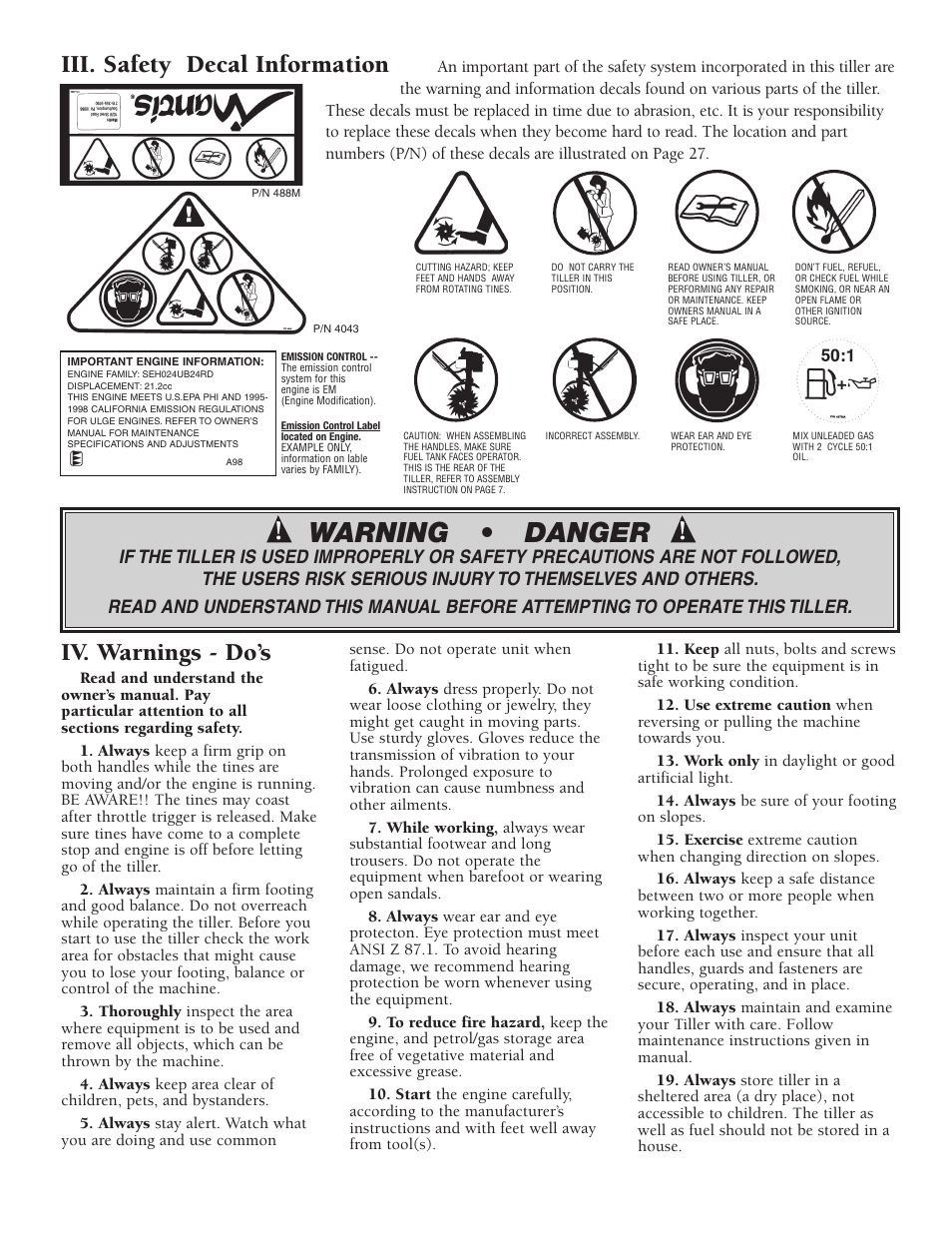 Warning • danger, Iv. warnings - do’s, Iii. safety decal information | Little Wonder Tiller/Cultivator User Manual | Page 4 / 32